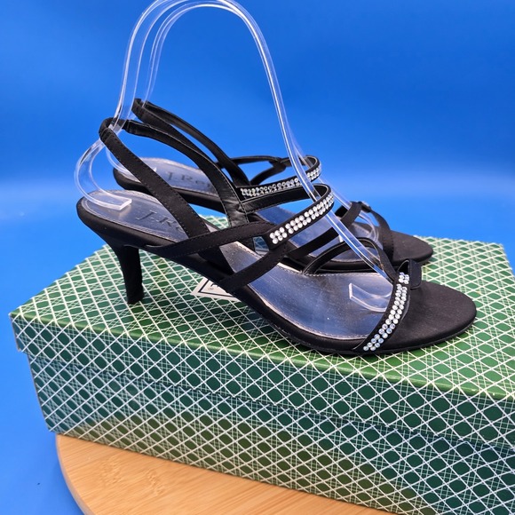 J Renee Chill Black‎ Satin Rhinestone Sandals Kitten Heels 7.5M EUC With Box - Picture 1 of 11